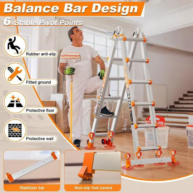 Alt view image 3 of 6 - 20 FT Multi-Position Telescoping Ladder with Wheels, Orange | 5-in-1 modes, aluminum alloy frame, locking hinges, wide stabilizer bar, compact fold for roofline and exterior work