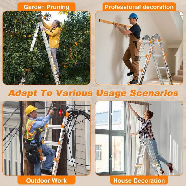 Alt view image 6 of 6 - 20 FT Multi-Position Telescoping Ladder with Wheels, Orange | 5-in-1 modes, aluminum alloy frame, locking hinges, wide stabilizer bar, compact fold for roofline and exterior work
