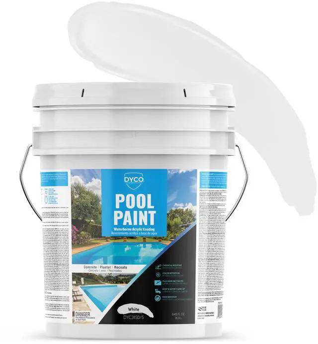Main image of Dyco Waterborne Acrylic Pool Paint, Resistant to UV, Water, Salt, Chemicals, Fading, Cracking & More, Seals Hairline Cracks (White, 5 Gallon)