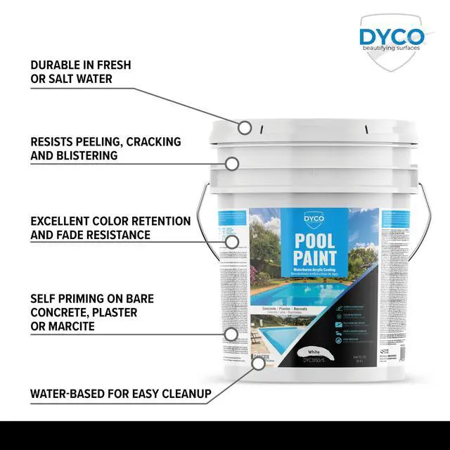 Alt view image 3 of 6 - Dyco Waterborne Acrylic Pool Paint, Resistant to UV, Water, Salt, Chemicals, Fading, Cracking & More, Seals Hairline Cracks (White, 5 Gallon)