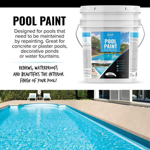 Alt view image 5 of 6 - Dyco Waterborne Acrylic Pool Paint, Resistant to UV, Water, Salt, Chemicals, Fading, Cracking & More, Seals Hairline Cracks (White, 5 Gallon)
