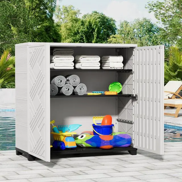 Alt view image 2 of 6 - Outdoor Storage Cabinet Waterproof with 2 Shelves, 60 Gallon Resin Storage Shed for Patio/Garden/Backyard, Outdoor Storage Box for Cushions,Garden Tools and Pool Supplies,White