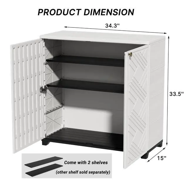 Alt view image 3 of 6 - Outdoor Storage Cabinet Waterproof with 2 Shelves, 60 Gallon Resin Storage Shed for Patio/Garden/Backyard, Outdoor Storage Box for Cushions,Garden Tools and Pool Supplies,White