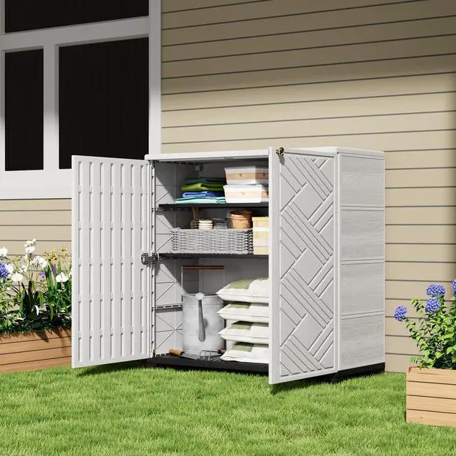 Alt view image 4 of 6 - Outdoor Storage Cabinet Waterproof with 2 Shelves, 60 Gallon Resin Storage Shed for Patio/Garden/Backyard, Outdoor Storage Box for Cushions,Garden Tools and Pool Supplies,White