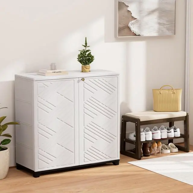 Alt view image 6 of 6 - Outdoor Storage Cabinet Waterproof with 2 Shelves, 60 Gallon Resin Storage Shed for Patio/Garden/Backyard, Outdoor Storage Box for Cushions,Garden Tools and Pool Supplies,White