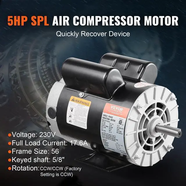 Alt view image 2 of 6 - 5HP SPL Air Compressor Electric Motor, 230V 17.6Amps, 56 Frame 3450RPM, 5/8" Keyed Shaft, 1.88" Shaft Length, Single Phase, CW/CCW Rotation (Factory Setting is CCW)