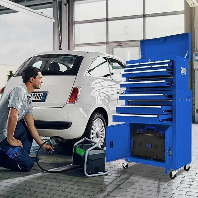Alt view image 2 of 6 - 13-Drawer Double Door Rolling Tool Chest, 2 in 1 Detachable Tool Chest,Tool Box with Drawers and Wheels, Large Tool Cabinet with Lock, Metal Standing Toolbox for Garage Workshop-Blue