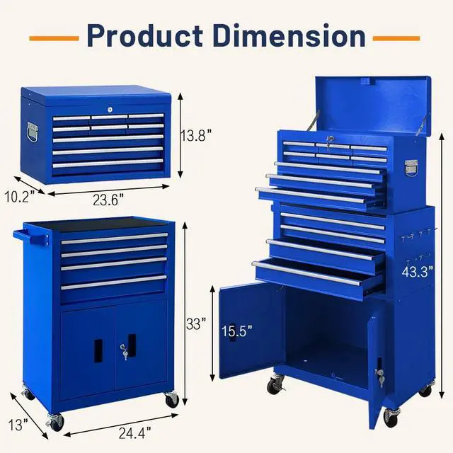 Alt view image 3 of 6 - 13-Drawer Double Door Rolling Tool Chest, 2 in 1 Detachable Tool Chest,Tool Box with Drawers and Wheels, Large Tool Cabinet with Lock, Metal Standing Toolbox for Garage Workshop-Blue