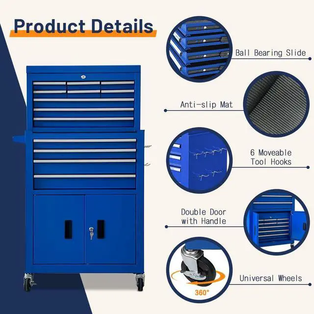 Alt view image 5 of 6 - 13-Drawer Double Door Rolling Tool Chest, 2 in 1 Detachable Tool Chest,Tool Box with Drawers and Wheels, Large Tool Cabinet with Lock, Metal Standing Toolbox for Garage Workshop-Blue