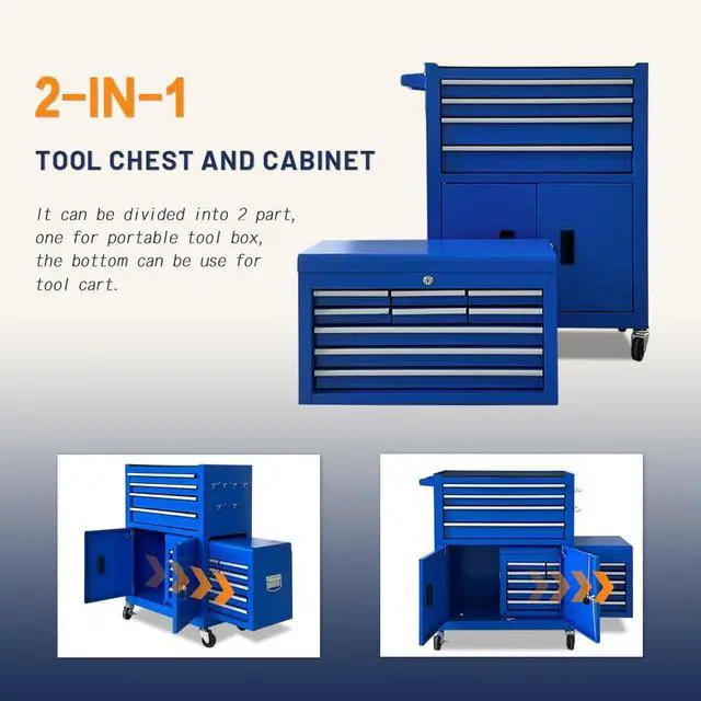 Alt view image 6 of 6 - 13-Drawer Double Door Rolling Tool Chest, 2 in 1 Detachable Tool Chest,Tool Box with Drawers and Wheels, Large Tool Cabinet with Lock, Metal Standing Toolbox for Garage Workshop-Blue