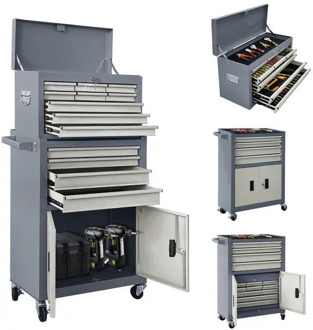 Main image of 13-Drawer Double Door Rolling Tool Chest, 2 in 1 Detachable Tool Chest,Tool Box with Drawers and Wheels, Large Tool Cabinet with Lock, Metal Standing Toolbox for Garage Workshop-Gray&White