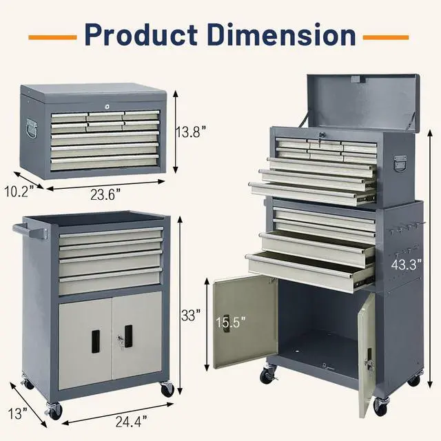 Alt view image 3 of 6 - 13-Drawer Double Door Rolling Tool Chest, 2 in 1 Detachable Tool Chest,Tool Box with Drawers and Wheels, Large Tool Cabinet with Lock, Metal Standing Toolbox for Garage Workshop-Gray&White