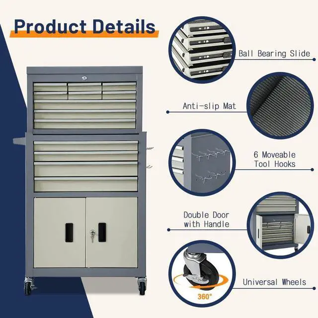 Alt view image 5 of 6 - 13-Drawer Double Door Rolling Tool Chest, 2 in 1 Detachable Tool Chest,Tool Box with Drawers and Wheels, Large Tool Cabinet with Lock, Metal Standing Toolbox for Garage Workshop-Gray&White