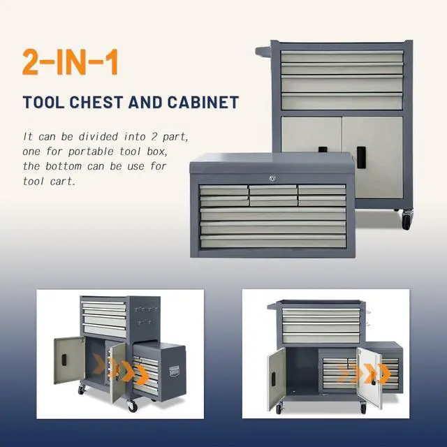 Alt view image 6 of 6 - 13-Drawer Double Door Rolling Tool Chest, 2 in 1 Detachable Tool Chest,Tool Box with Drawers and Wheels, Large Tool Cabinet with Lock, Metal Standing Toolbox for Garage Workshop-Gray&White