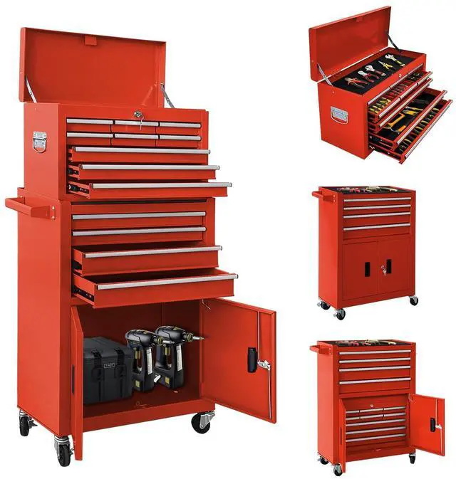 Main image of 13-Drawer Double Door Rolling Tool Chest, 2 in 1 Detachable Tool Chest,Tool Box with Drawers and Wheels, Large Tool Cabinet with Lock, Metal Standing Toolbox for Garage Workshop-Red
