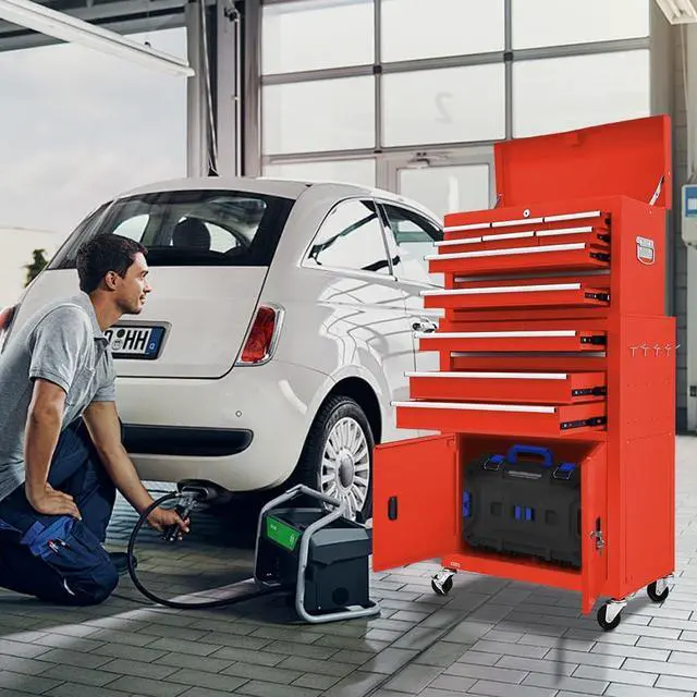 Alt view image 2 of 6 - 13-Drawer Double Door Rolling Tool Chest, 2 in 1 Detachable Tool Chest,Tool Box with Drawers and Wheels, Large Tool Cabinet with Lock, Metal Standing Toolbox for Garage Workshop-Red