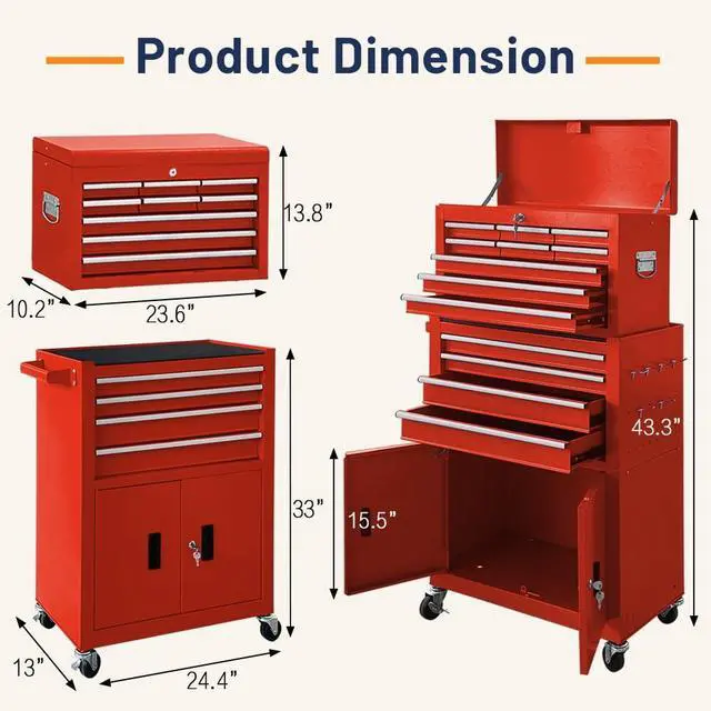 Alt view image 3 of 6 - 13-Drawer Double Door Rolling Tool Chest, 2 in 1 Detachable Tool Chest,Tool Box with Drawers and Wheels, Large Tool Cabinet with Lock, Metal Standing Toolbox for Garage Workshop-Red
