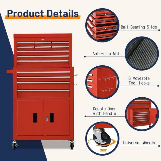 Alt view image 5 of 6 - 13-Drawer Double Door Rolling Tool Chest, 2 in 1 Detachable Tool Chest,Tool Box with Drawers and Wheels, Large Tool Cabinet with Lock, Metal Standing Toolbox for Garage Workshop-Red