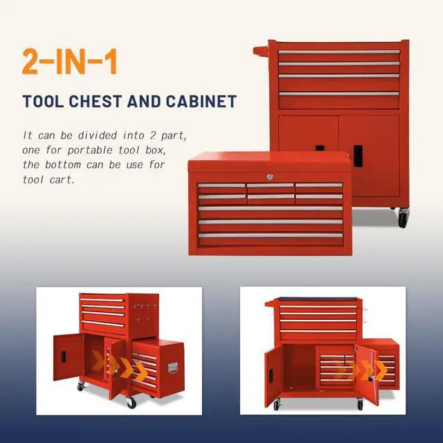 Alt view image 6 of 6 - 13-Drawer Double Door Rolling Tool Chest, 2 in 1 Detachable Tool Chest,Tool Box with Drawers and Wheels, Large Tool Cabinet with Lock, Metal Standing Toolbox for Garage Workshop-Red