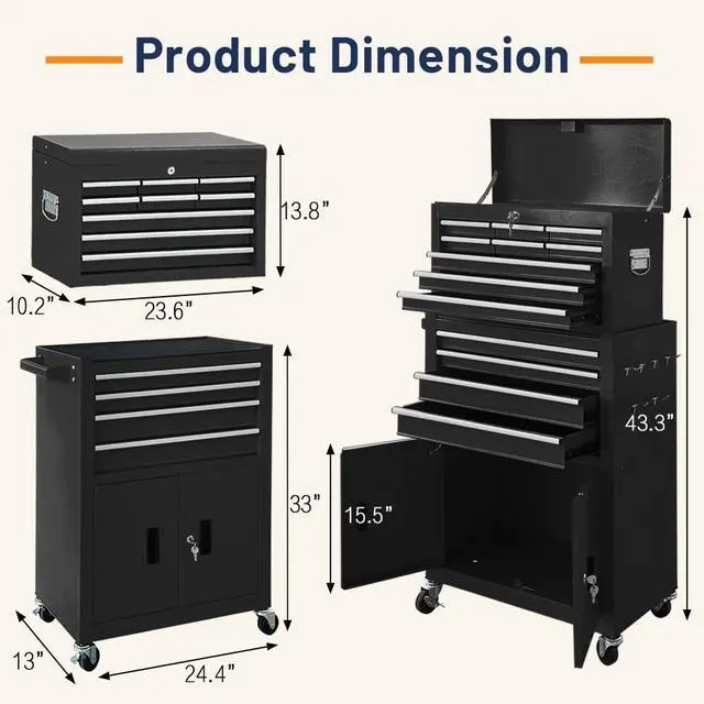 Alt view image 3 of 6 - 13-Drawer Double Door Rolling Tool Chest, 2 in 1 Detachable Tool Chest,Tool Box with Drawers and Wheels, Large Tool Cabinet with Lock, Metal Standing Toolbox for Garage Workshop-Black