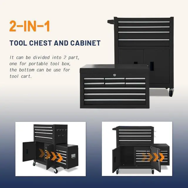 Alt view image 6 of 6 - 13-Drawer Double Door Rolling Tool Chest, 2 in 1 Detachable Tool Chest,Tool Box with Drawers and Wheels, Large Tool Cabinet with Lock, Metal Standing Toolbox for Garage Workshop-Black