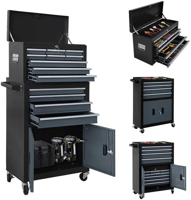 Main image of 13-Drawer Double Door Rolling Tool Chest, 2 in 1 Detachable Tool Chest,Tool Box with Drawers and Wheels, Large Tool Cabinet with Lock, Metal Standing Toolbox for Garage Workshop-Black&Gray