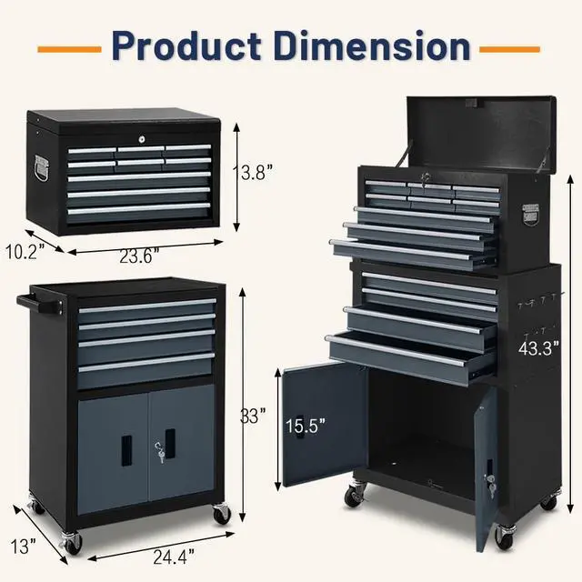 Alt view image 2 of 6 - 13-Drawer Double Door Rolling Tool Chest, 2 in 1 Detachable Tool Chest,Tool Box with Drawers and Wheels, Large Tool Cabinet with Lock, Metal Standing Toolbox for Garage Workshop-Black&Gray