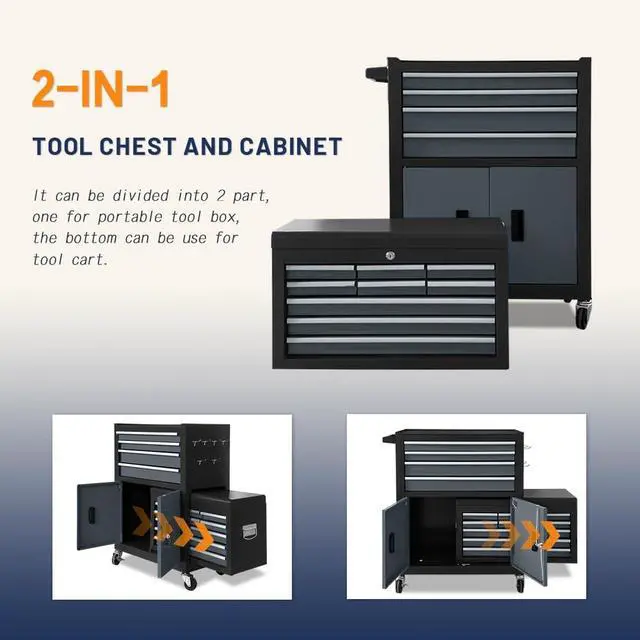 Alt view image 6 of 6 - 13-Drawer Double Door Rolling Tool Chest, 2 in 1 Detachable Tool Chest,Tool Box with Drawers and Wheels, Large Tool Cabinet with Lock, Metal Standing Toolbox for Garage Workshop-Black&Gray