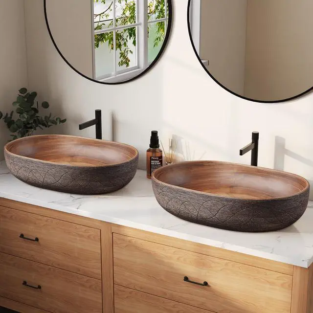 Main image of Bathroom Vessel Sink, 23.23" Oval Bowl Sink Retro Ceramic Washbasin Above Counter for Bathroom,Without Pop-up Drain, Pack of 2