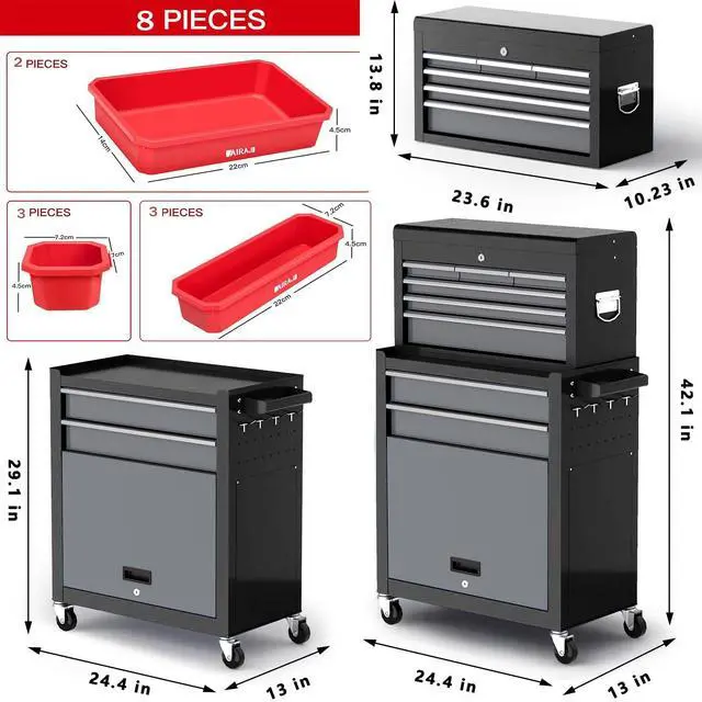Alt view image 2 of 6 - 8-Drawer Tool Chest with Wheels,42'' Rolling Tool Chest Heavy Duty,Detachable Top Tool Box,Tool Cabinet with Hooks,Liners,Tray Divider,Rolling Tool Box for Garage Storage, Workshop,Warehouse,Black