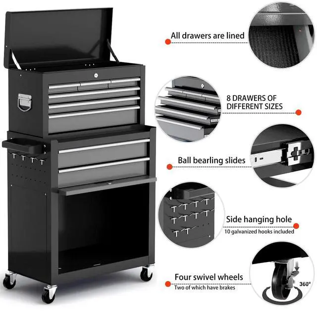 Alt view image 3 of 6 - 8-Drawer Tool Chest with Wheels,42'' Rolling Tool Chest Heavy Duty,Detachable Top Tool Box,Tool Cabinet with Hooks,Liners,Tray Divider,Rolling Tool Box for Garage Storage, Workshop,Warehouse,Black