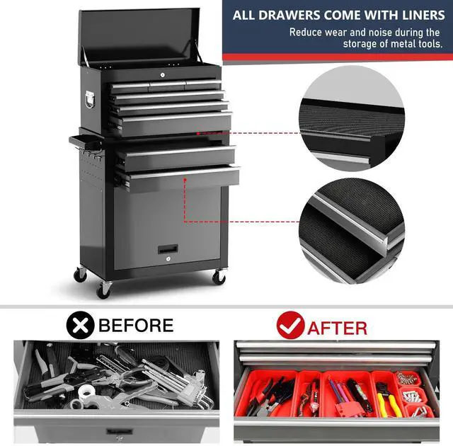 Alt view image 4 of 6 - 8-Drawer Tool Chest with Wheels,42'' Rolling Tool Chest Heavy Duty,Detachable Top Tool Box,Tool Cabinet with Hooks,Liners,Tray Divider,Rolling Tool Box for Garage Storage, Workshop,Warehouse,Black
