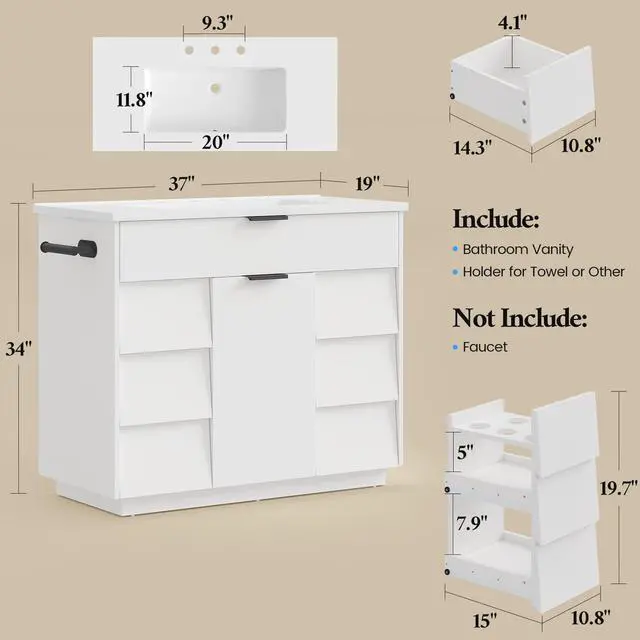 Alt view image 2 of 6 - 37" Bathroom Vanity with Sink Combo Set, Freestanding Bathroom Cabinet with 5 Drawers Space, 5 in 1 Hair Tool Organizer Rack with Towel Holder and Hooks, Soft Closing Storage Door (White, 37in)