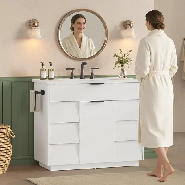Alt view image 3 of 6 - 37" Bathroom Vanity with Sink Combo Set, Freestanding Bathroom Cabinet with 5 Drawers Space, 5 in 1 Hair Tool Organizer Rack with Towel Holder and Hooks, Soft Closing Storage Door (White, 37in)