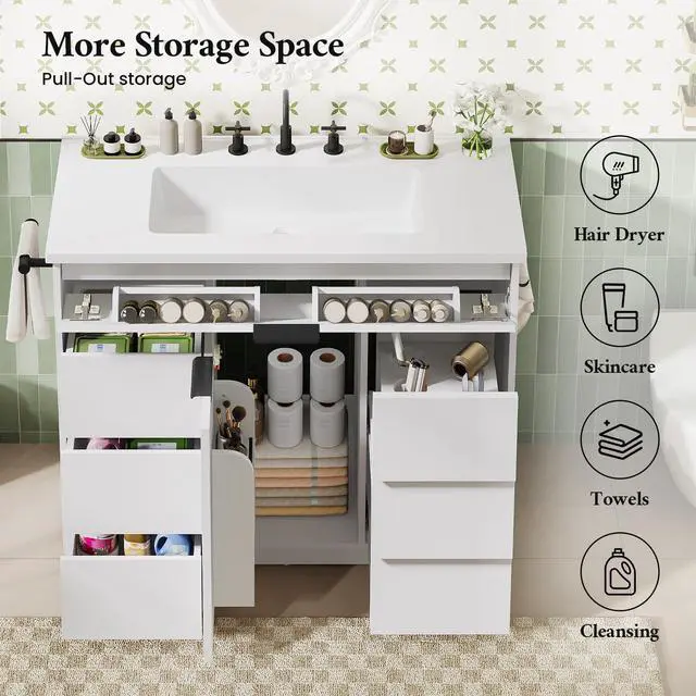 Alt view image 4 of 6 - 37" Bathroom Vanity with Sink Combo Set, Freestanding Bathroom Cabinet with 5 Drawers Space, 5 in 1 Hair Tool Organizer Rack with Towel Holder and Hooks, Soft Closing Storage Door (White, 37in)