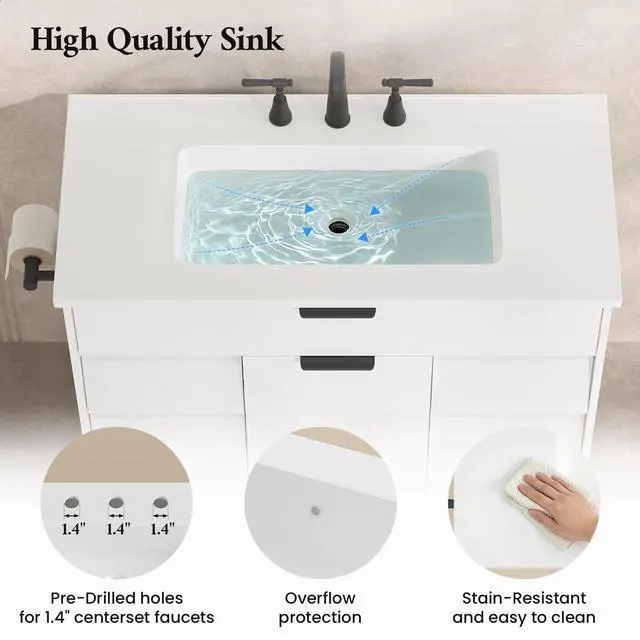 Alt view image 5 of 6 - 37" Bathroom Vanity with Sink Combo Set, Freestanding Bathroom Cabinet with 5 Drawers Space, 5 in 1 Hair Tool Organizer Rack with Towel Holder and Hooks, Soft Closing Storage Door (White, 37in)