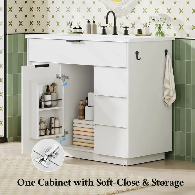 Alt view image 6 of 6 - 37" Bathroom Vanity with Sink Combo Set, Freestanding Bathroom Cabinet with 5 Drawers Space, 5 in 1 Hair Tool Organizer Rack with Towel Holder and Hooks, Soft Closing Storage Door (White, 37in)