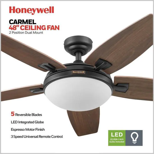 Alt view image 2 of 6 - Ceiling Fans Carmel, 48 Inch Contemporary Indoor LED Ceiling Fan with Light, Remote Control, Dual Mounting Options, Dual Finish Blades, Reversible Motor - 50197-01 (Bronze)