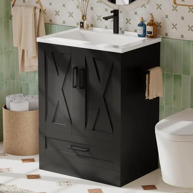 Alt view image 3 of 6 - 24" Bathroom Vanity with Sink, Bathroom Storage Vanity Sink Cabinet with 2 Doors & 1 Drawer Space, Farmhouse Wooden Free Standing Bathroom Cabinet with Sink Combo, Easy Assembly (Black)