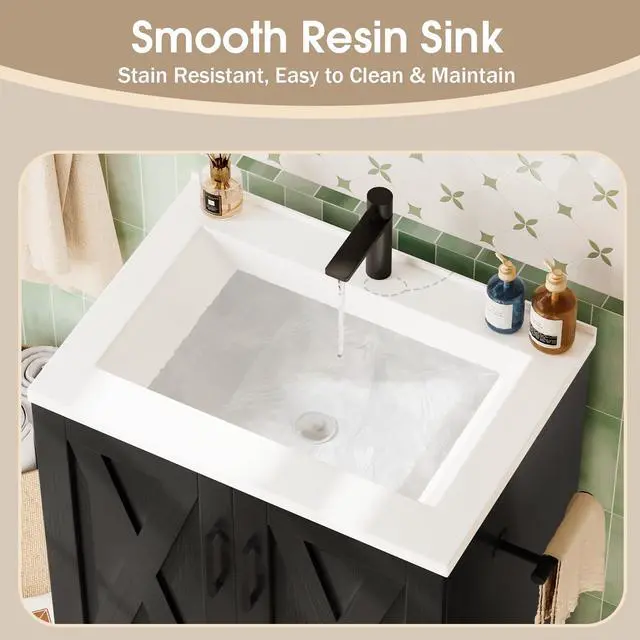 Alt view image 4 of 6 - 24" Bathroom Vanity with Sink, Bathroom Storage Vanity Sink Cabinet with 2 Doors & 1 Drawer Space, Farmhouse Wooden Free Standing Bathroom Cabinet with Sink Combo, Easy Assembly (Black)