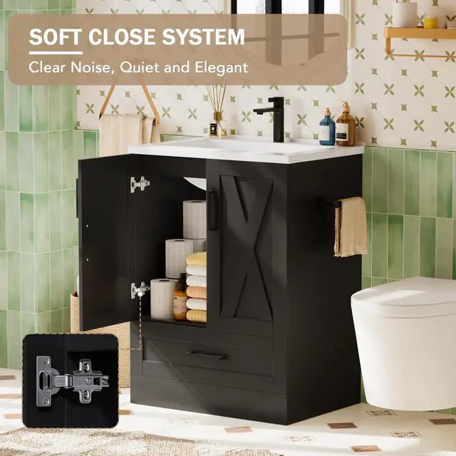 Alt view image 5 of 6 - 24" Bathroom Vanity with Sink, Bathroom Storage Vanity Sink Cabinet with 2 Doors & 1 Drawer Space, Farmhouse Wooden Free Standing Bathroom Cabinet with Sink Combo, Easy Assembly (Black)