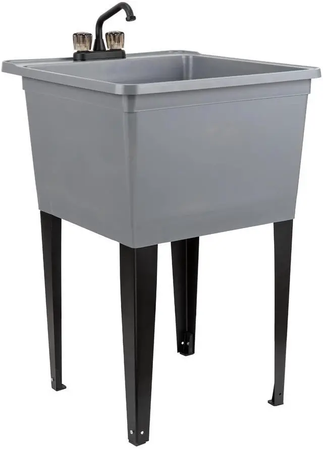 Main image of Tehila Basics by 21-Gallon Grey Freestanding Utility Sink with Black 2-Handle Faucet, Heavy Duty Plastic Laundry Tub with Adjustable Legs