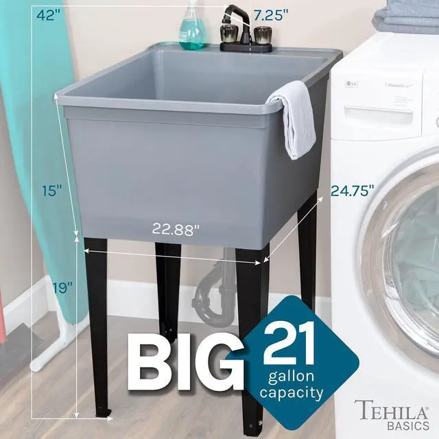 Alt view image 2 of 6 - Tehila Basics by 21-Gallon Grey Freestanding Utility Sink with Black 2-Handle Faucet, Heavy Duty Plastic Laundry Tub with Adjustable Legs