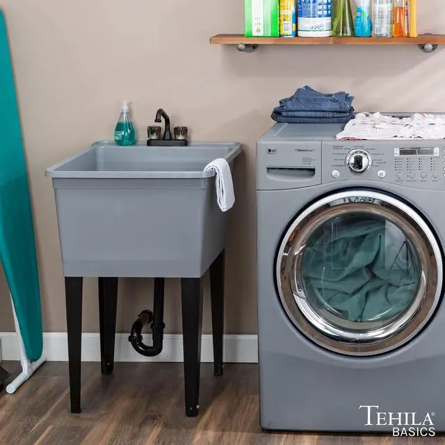 Alt view image 3 of 6 - Tehila Basics by 21-Gallon Grey Freestanding Utility Sink with Black 2-Handle Faucet, Heavy Duty Plastic Laundry Tub with Adjustable Legs