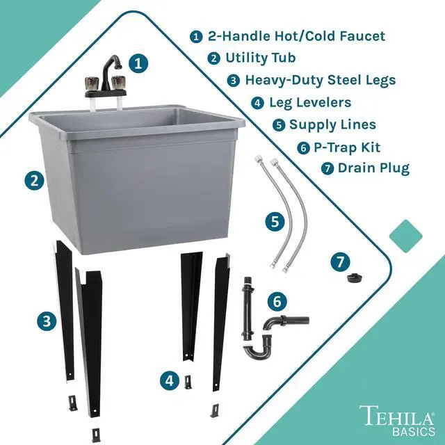 Alt view image 4 of 6 - Tehila Basics by 21-Gallon Grey Freestanding Utility Sink with Black 2-Handle Faucet, Heavy Duty Plastic Laundry Tub with Adjustable Legs