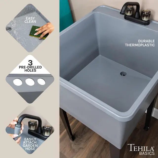 Alt view image 6 of 6 - Tehila Basics by 21-Gallon Grey Freestanding Utility Sink with Black 2-Handle Faucet, Heavy Duty Plastic Laundry Tub with Adjustable Legs