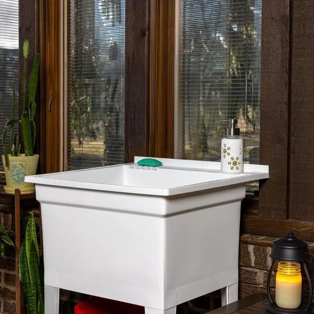 Alt view image 4 of 6 - Utility Sink Heavy Duty Freestanding Utility Tub Sink with Drain Plug, Adjustable Floor Levelers & 5 Step Installation Process, 24 x 24 Inches, White