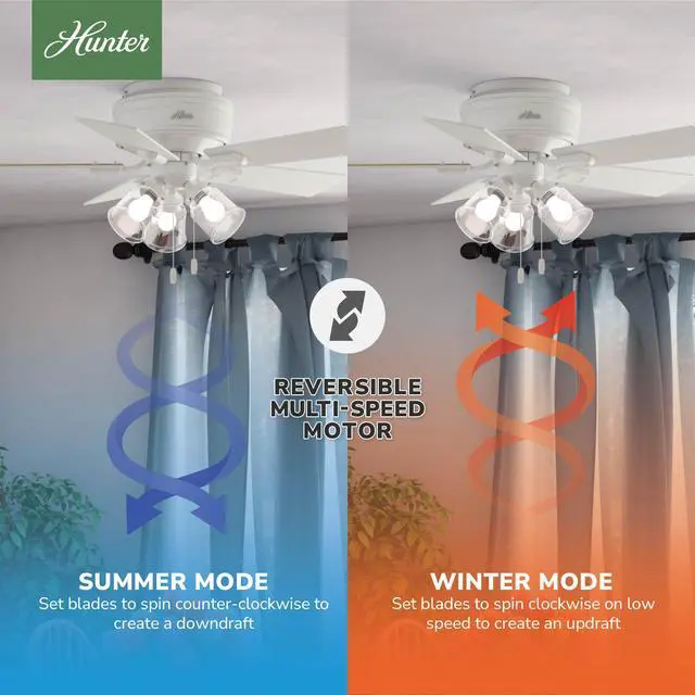 Alt view image 4 of 6 - 42 inch Indoor Ceiling Fan with LED Lights and Pull Chain - Low Profile Flush Mount White Ceiling Fan, 5 Blades, For Bedroom, Living Room, or Kitchen, Quiet - Crestfield 52152, Fresh White