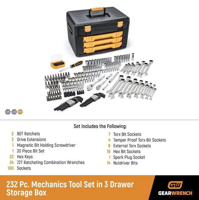 Alt view image 3 of 6 - Mechanics Tool Set in 3 Drawer Storage Box, 232 Piece