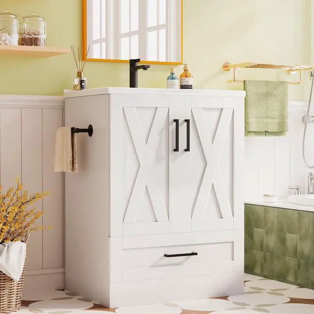 Main image of 24" Bathroom Vanity with Sink, Bathroom Storage Vanity Sink Cabinet with 2 Doors & 1 Drawer Space, Farmhouse Wooden Free Standing Bathroom Cabinet with Sink Combo, Easy Assembly (White)